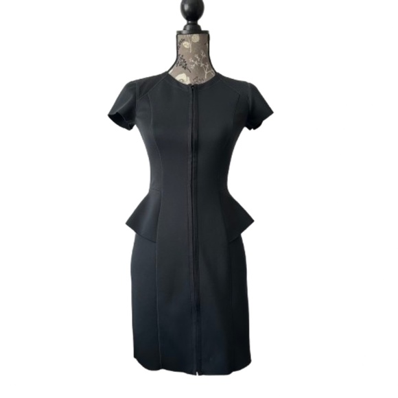 Theory Sz. 0 Tenna Black Neoprene Peplum Sheath Short Sleeve Zip Up Pencil Dress - Picture 1 of 15